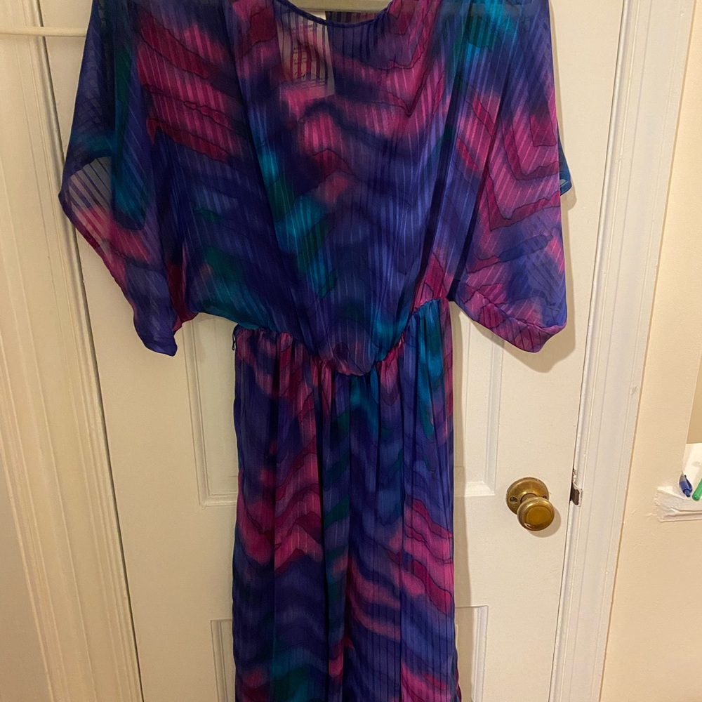 Vintage brilliant blue/purple/pink sheer 80s dress